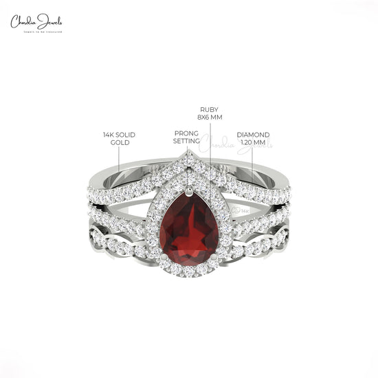 Natural Red Garnet 0.96 Ct Pear Gemstone And Diamond Halo Multilayer Ring in 14k Real Gold