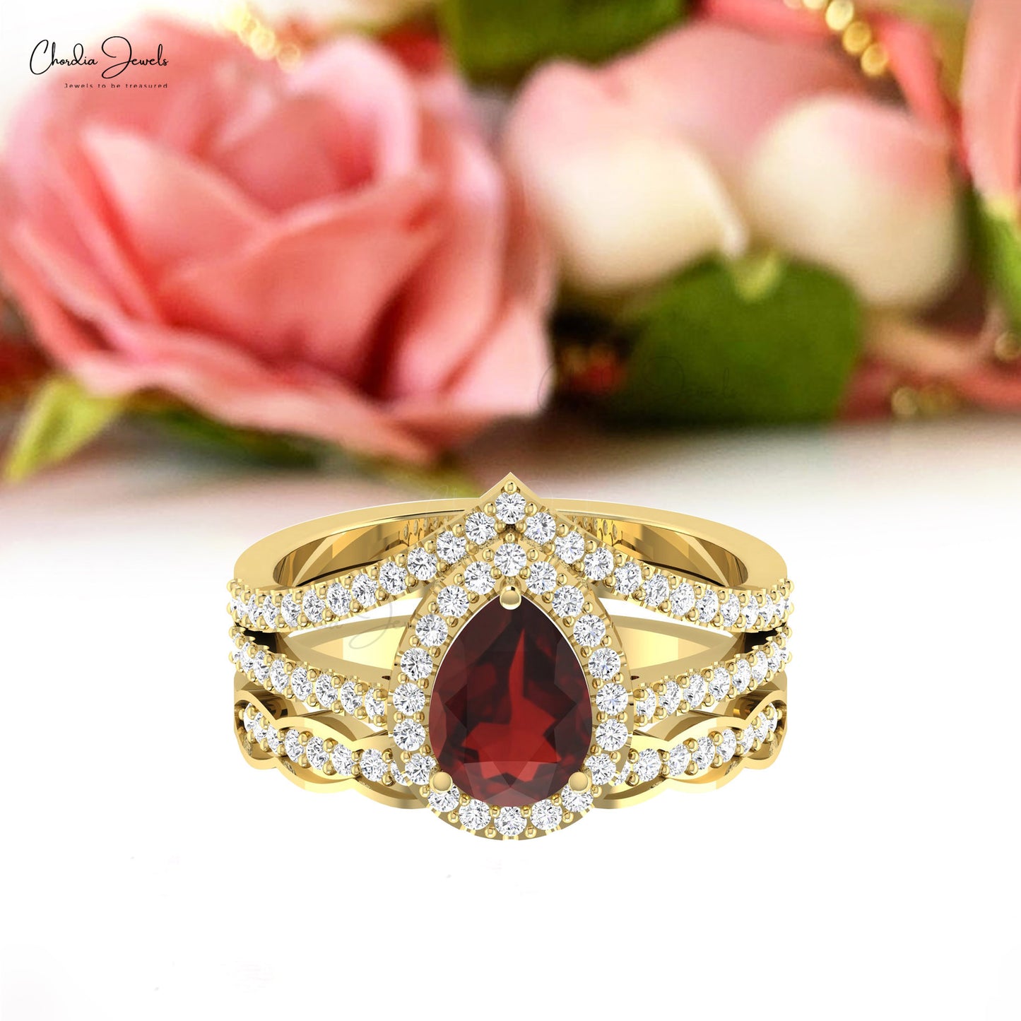 Natural Red Garnet 0.96 Ct Pear Gemstone And Diamond Halo Multilayer Ring in 14k Real Gold