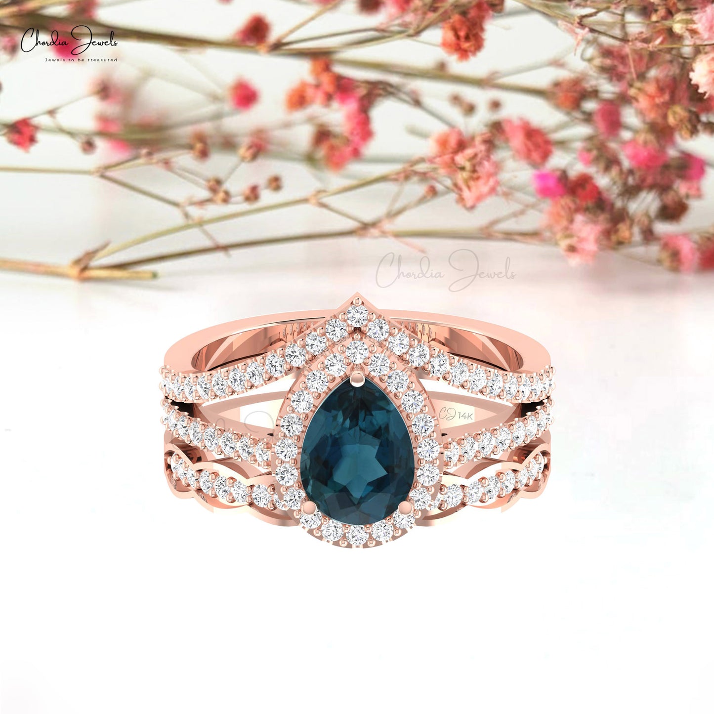 Genuine London Blue Topaz Split Shank Ring Elegant 14k Solid Gold Diamond Halo Ring For Her