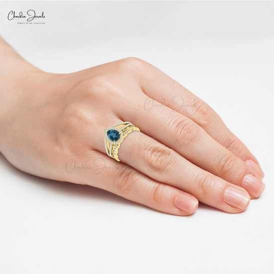 Genuine London Blue Topaz Split Shank Ring Elegant 14k Solid Gold Diamond Halo Ring For Her