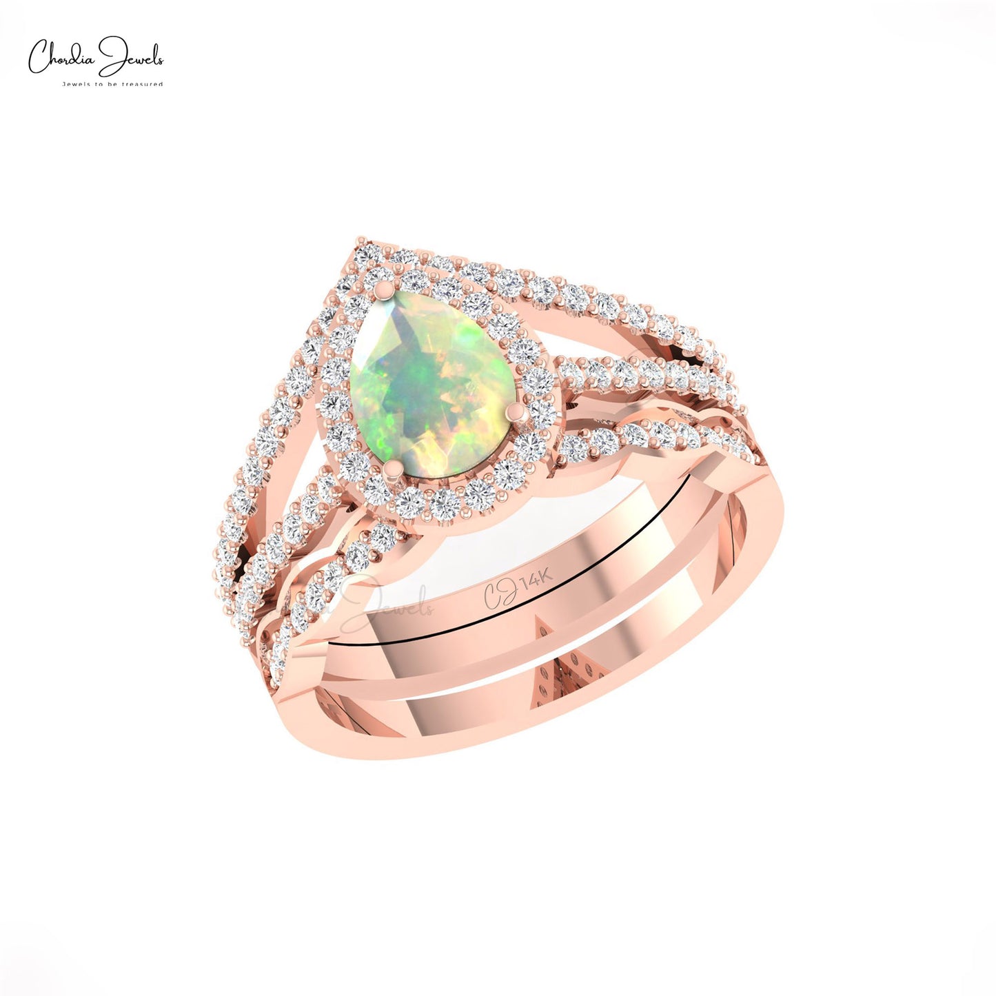 Authentic Opal Gemstone Dainty Split Shank Ring 14k Real Gold Diamond Halo Light Weight Ring