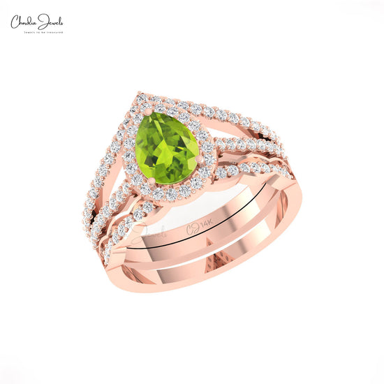 Alluring 14k Solid Gold Peridot Gemstone Ring Genuine Diamond Halo Multilayer Shank Ring