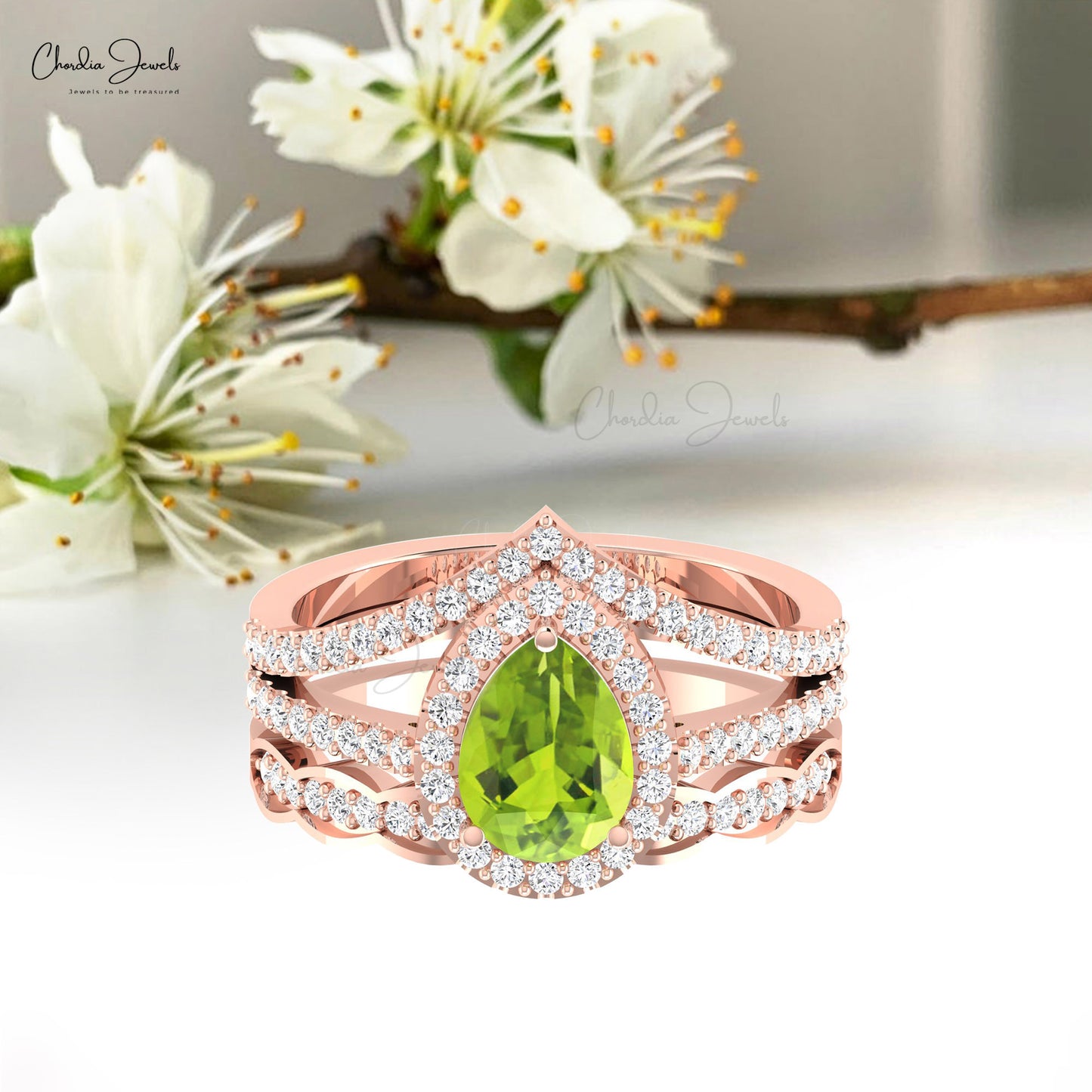 Alluring 14k Solid Gold Peridot Gemstone Ring Genuine Diamond Halo Multilayer Shank Ring