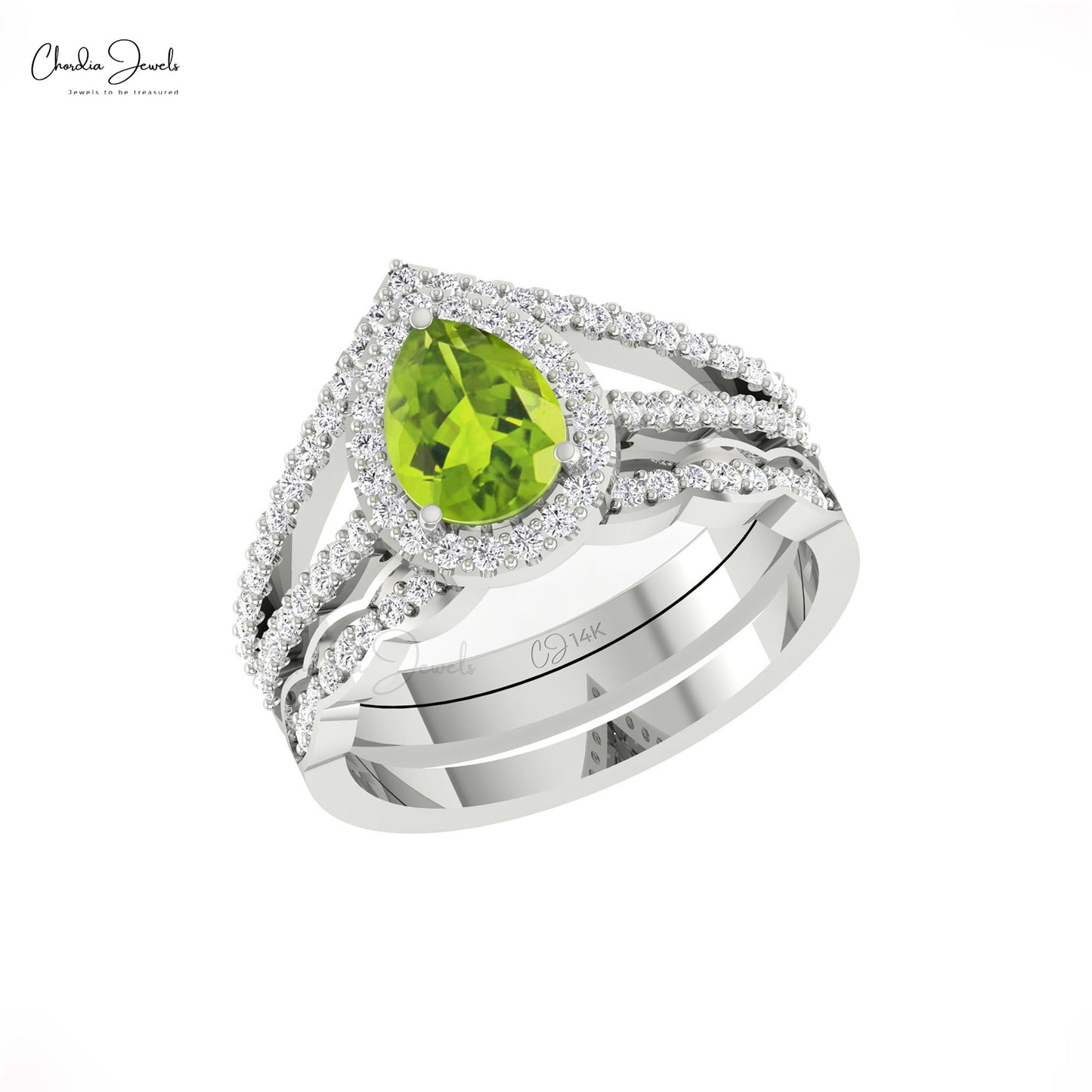 Alluring 14k Solid Gold Peridot Gemstone Ring Genuine Diamond Halo Multilayer Shank Ring