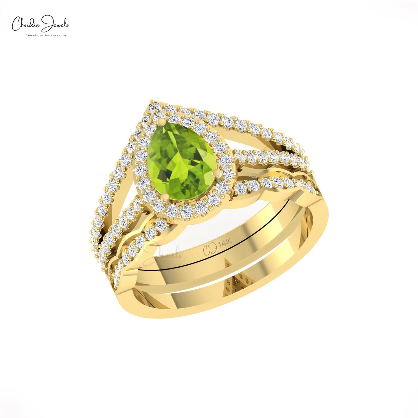 Alluring 14k Solid Gold Peridot Gemstone Ring Genuine Diamond Halo Multilayer Shank Ring