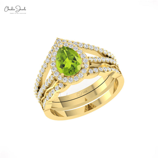 Alluring 14k Solid Gold Peridot Gemstone Ring Genuine Diamond Halo Multilayer Shank Ring