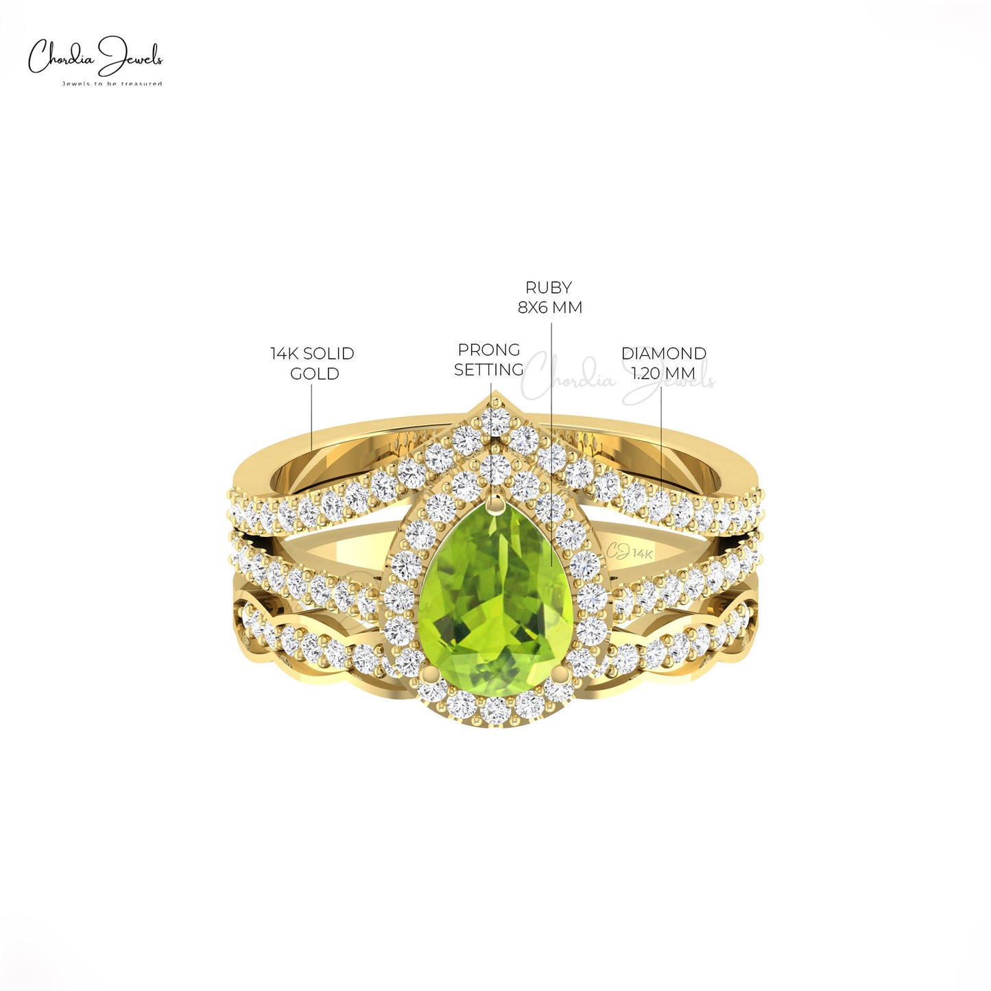 Alluring 14k Solid Gold Peridot Gemstone Ring Genuine Diamond Halo Multilayer Shank Ring