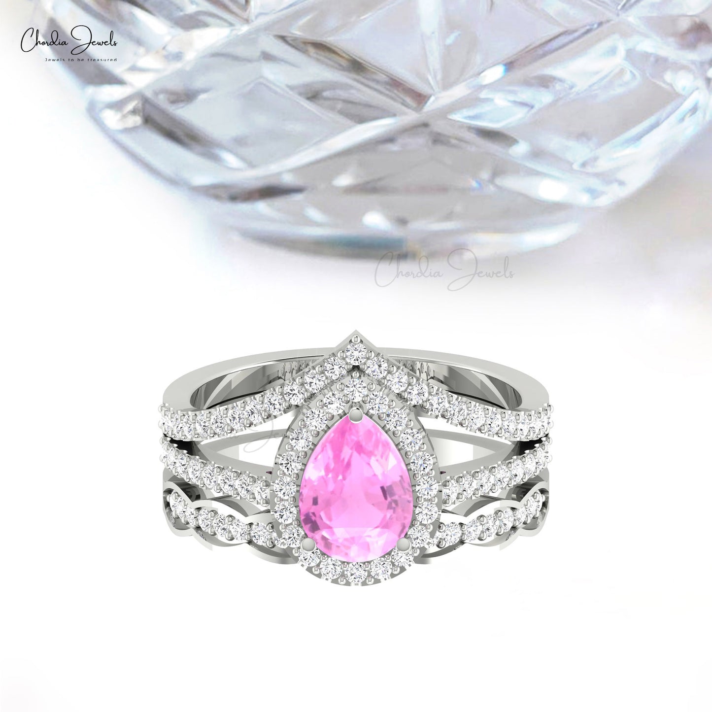 Split Shank Halo Diamond Ring In  Pure 14k Gold Pink Sapphire 8x6mm Teardrop Rings