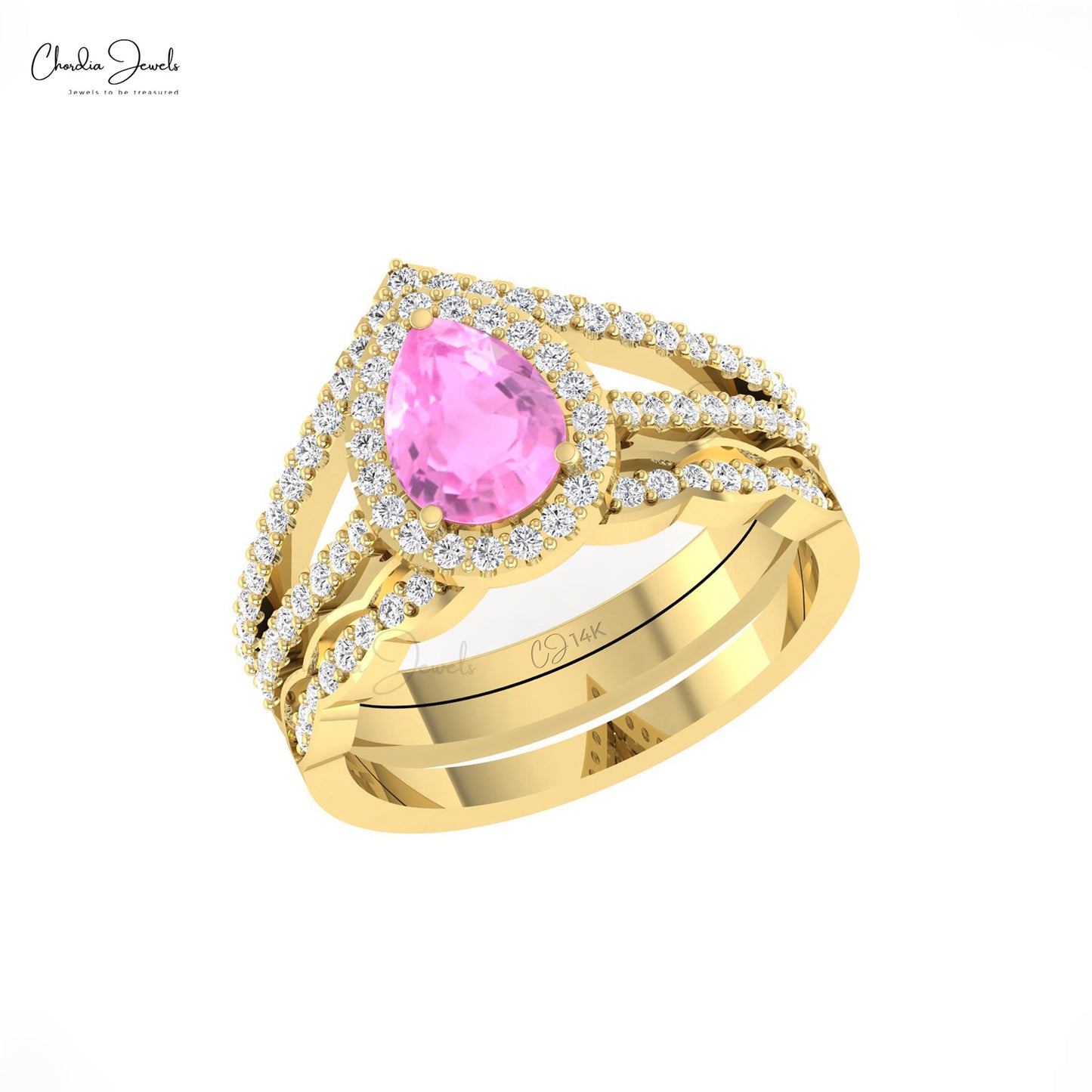 Split Shank Halo Diamond Ring In  Pure 14k Gold Pink Sapphire 8x6mm Teardrop Rings