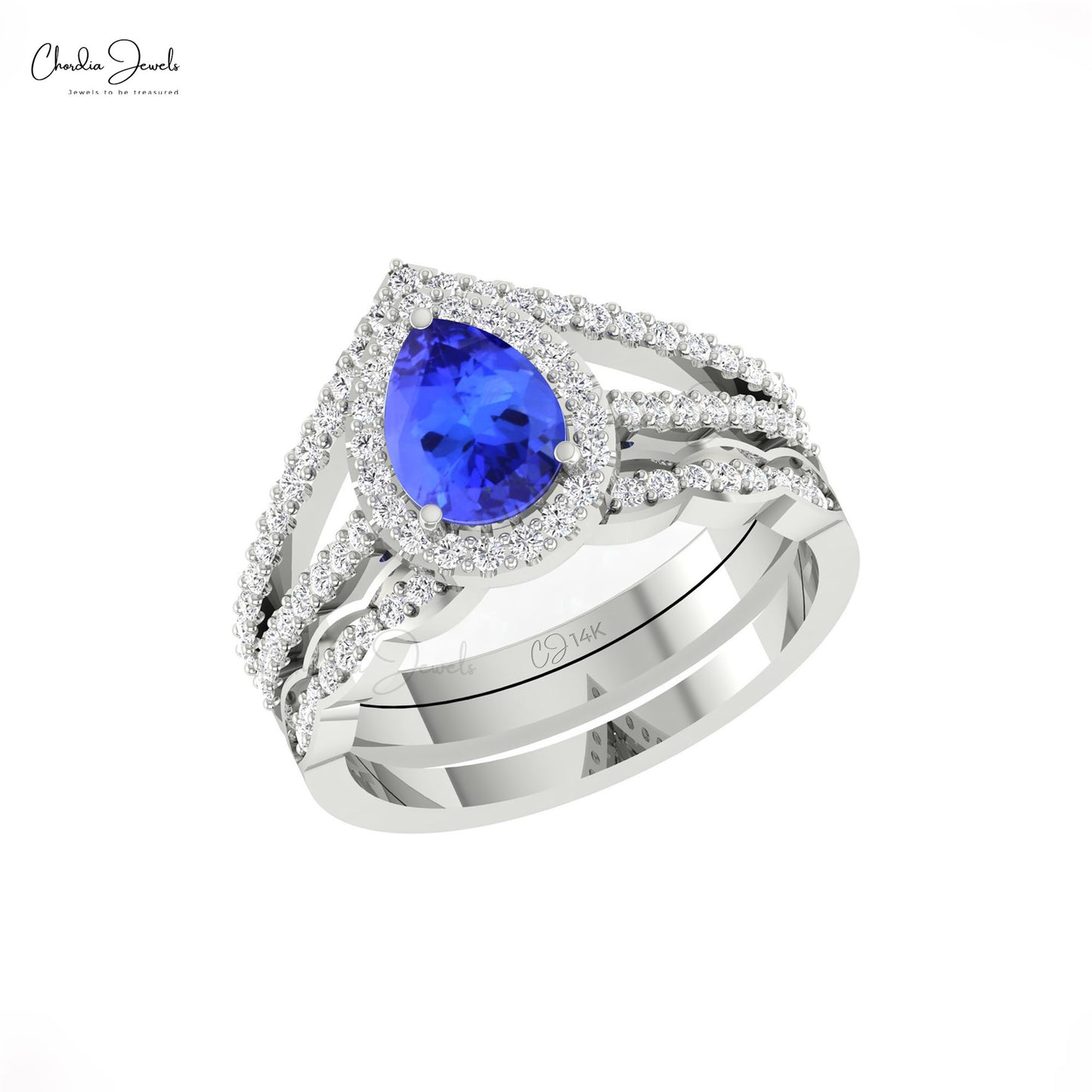Genuine 0.96Ct Tanzanite Multilayer Shank Ring With Real 14k Gold Diamond Halo Ring