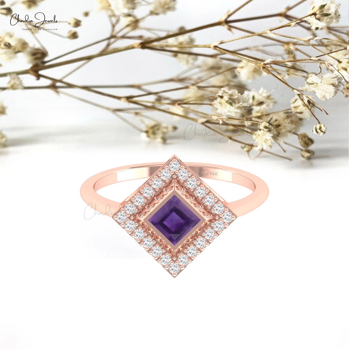 Diamond Halo Promise Ring In Solid 14k Gold Amethyst 4mm Square Cut Hallmarked Rings