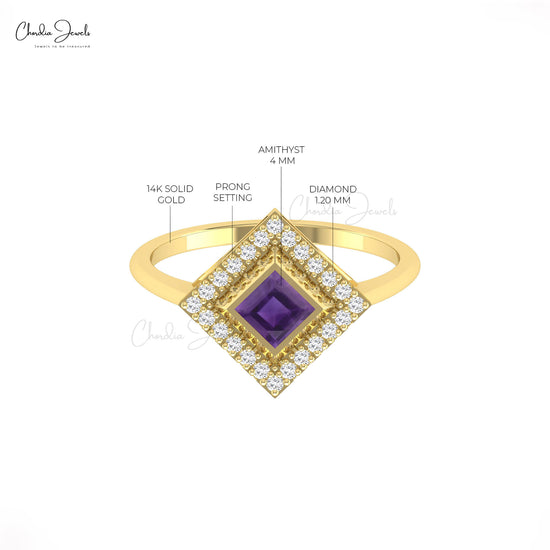 Exquisite 0.32ct Amethyst Gemstone Statement Ring 14k Solid Gold Diamond Halo Wedding Ring