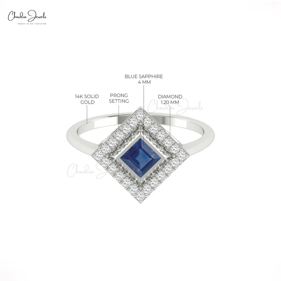 Genuine 0.48ct Blue Sapphire Fine Stone Ring 14k Solid Gold Diamond Halo Ring For Women