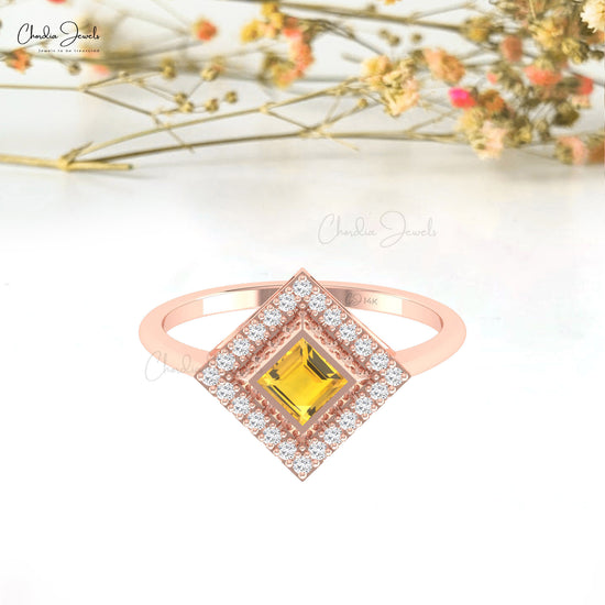 Halo Ring With Citrine & Diamond Gemstone 14k Real Gold November Birthstone Promise Ring