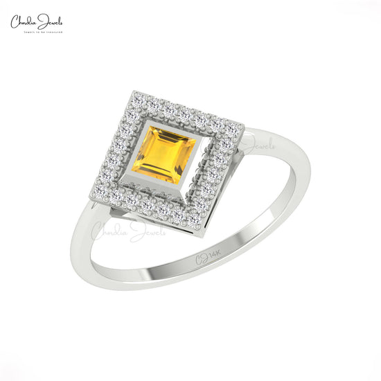 Halo Ring With Citrine & Diamond Gemstone 14k Real Gold November Birthstone Promise Ring