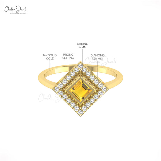 Halo Ring With Citrine & Diamond Gemstone 14k Real Gold November Birthstone Promise Ring