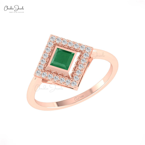 Halo Ring With 0.48ct Emerald Gemstone 14k Solid Gold Diamond Halo May Birthstone Ring