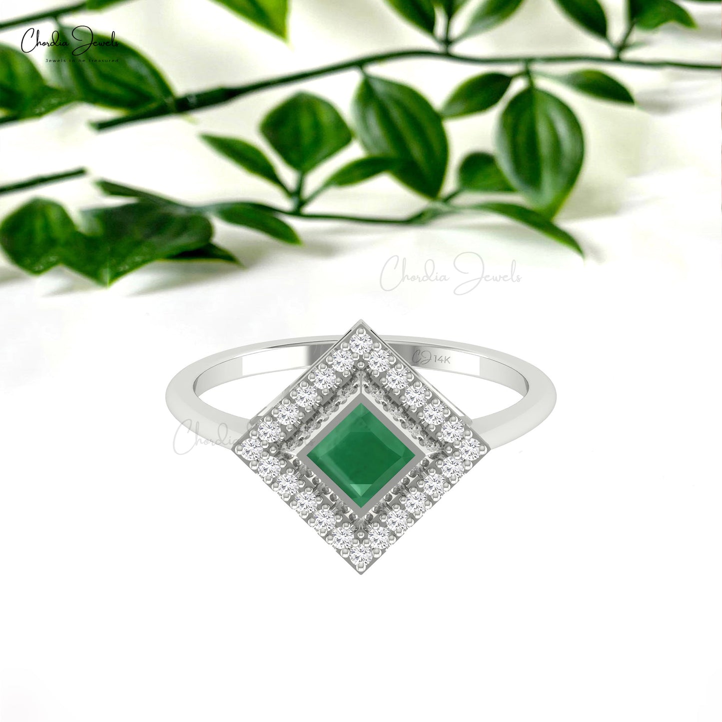 Halo Ring With 0.48ct Emerald Gemstone 14k Solid Gold Diamond Halo May Birthstone Ring