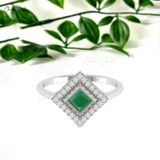 Halo Ring With 0.48ct Emerald Gemstone 14k Solid Gold Diamond Halo May Birthstone Ring