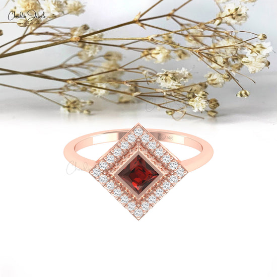Classic Halo Ring With Garnet & Diamond Solid 14k Gold Diamond Accents Delicate Promise Ring