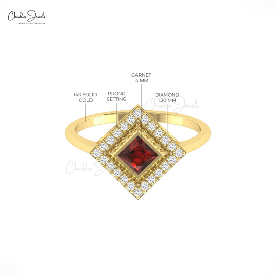 Classic Halo Ring With Garnet & Diamond Solid 14k Gold Diamond Accents Delicate Promise Ring