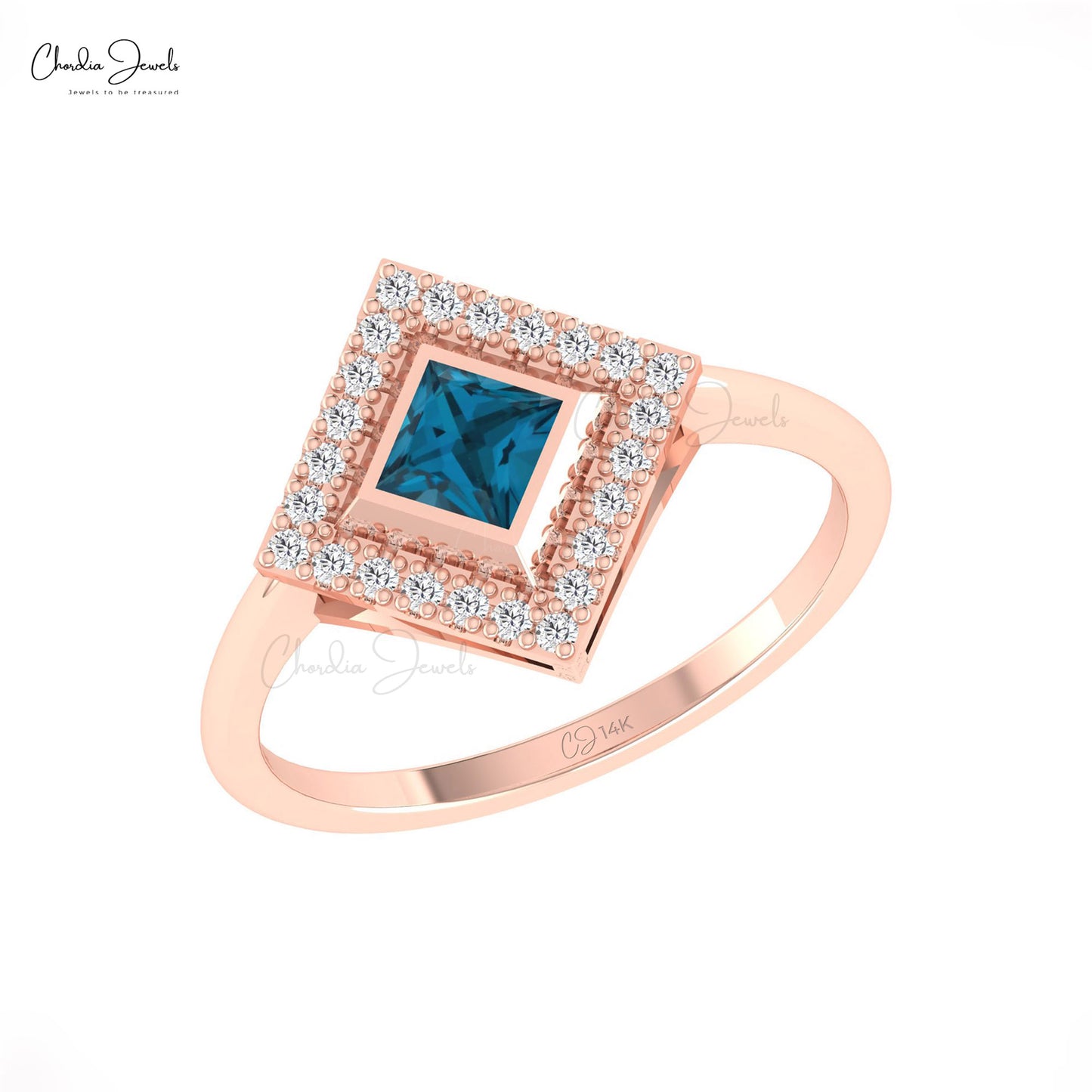 Dainty Halo Ring With London Blue Topaz & Diamond Accents 14k Real Gold Light Weight Ring