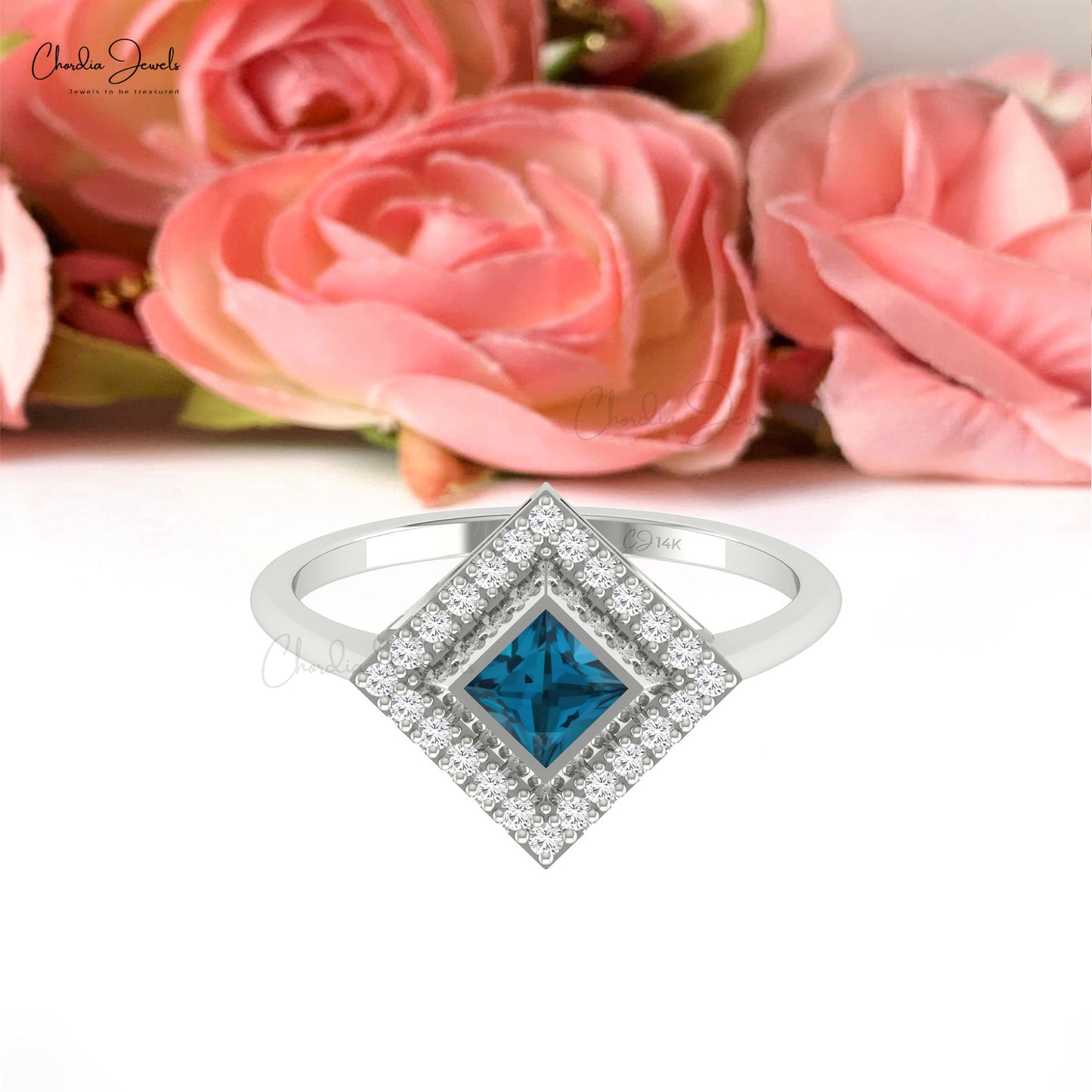 Dainty Halo Ring With London Blue Topaz & Diamond Accents 14k Real Gold Light Weight Ring