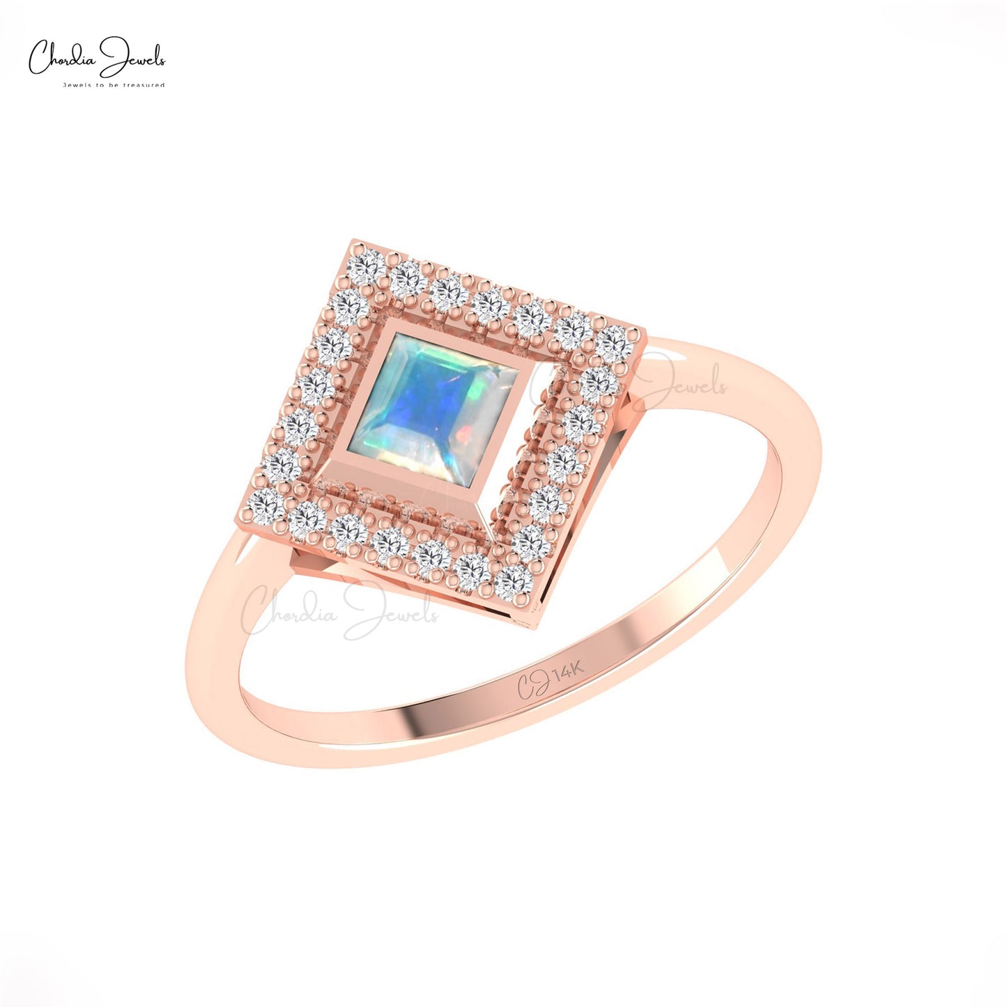 Halo Ring With Natural 0.32ct Opal Gemstone Real 14k Gold Diamond Studded Birthstone Ring