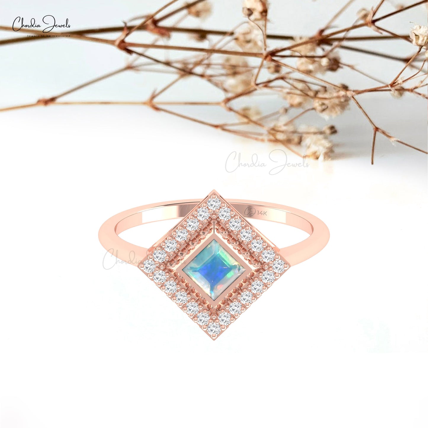 Halo Ring With Natural 0.32ct Opal Gemstone Real 14k Gold Diamond Studded Birthstone Ring