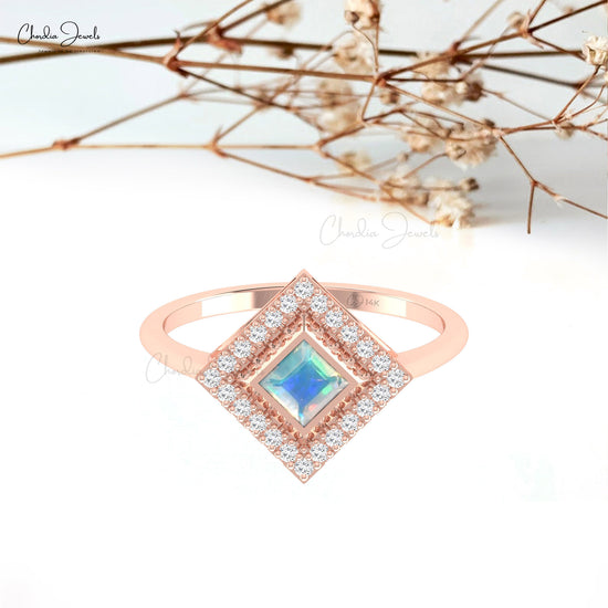 Halo Ring With Natural 0.32ct Opal Gemstone Real 14k Gold Diamond Studded Birthstone Ring