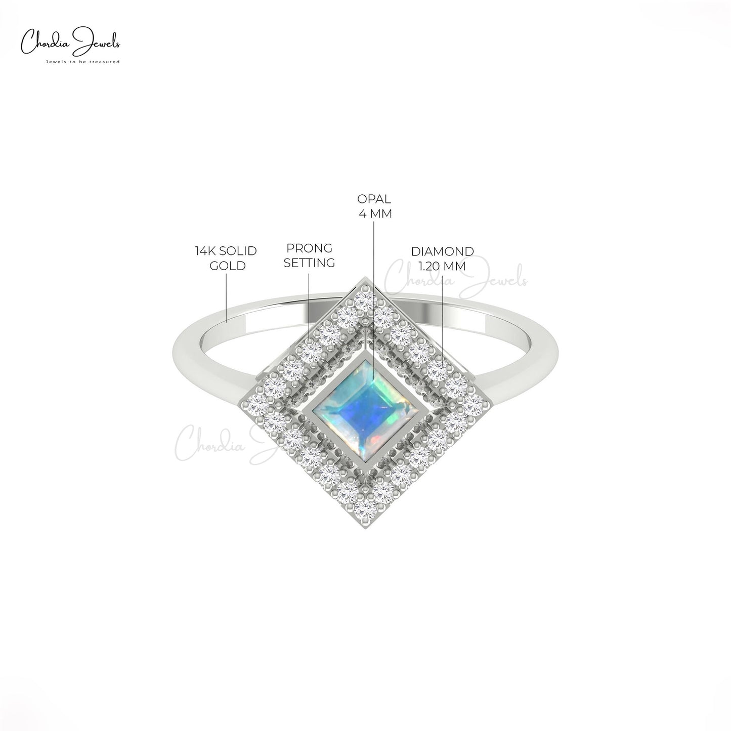 Halo Ring With Natural 0.32ct Opal Gemstone Real 14k Gold Diamond Studded Birthstone Ring