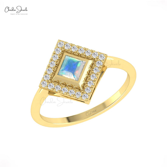 Halo Ring With Natural 0.32ct Opal Gemstone Real 14k Gold Diamond Studded Birthstone Ring