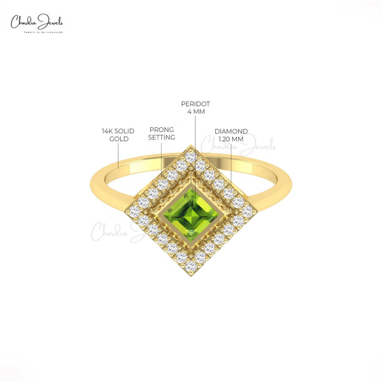 Natural 0.32ct Peridot Diamond Halo Ring 14k Solid Gold Bezel Set Ring For Mother's Day