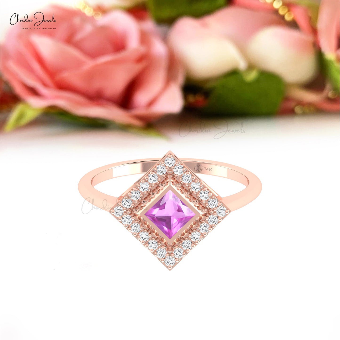 AAA Pink Sapphire Halo Diamond Ring In 14k Solid Gold Statement Wedding Rings For Mom