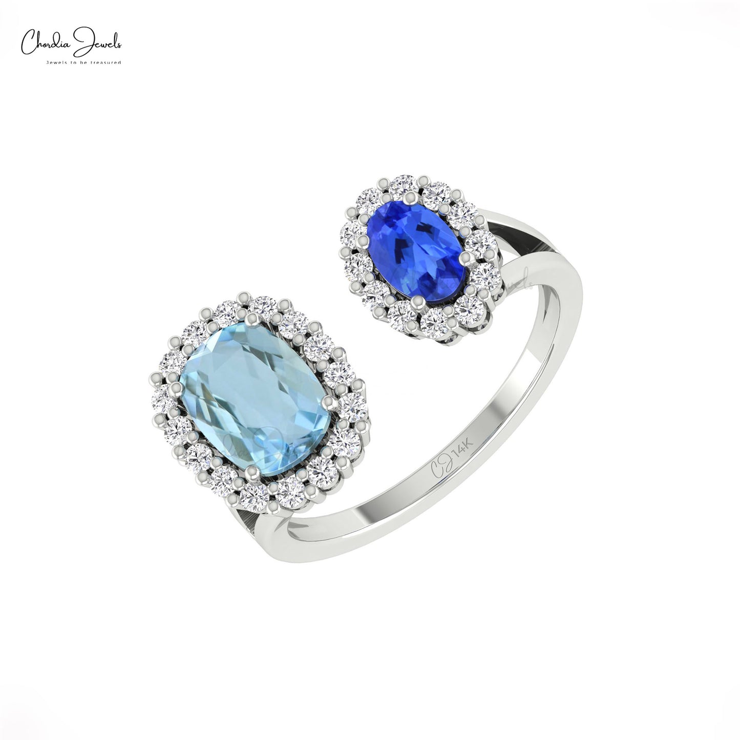 Open Shank Diamond Halo Ring In 14k Solid Gold Natural Tanzanite & Aquamarine Wedding Ring