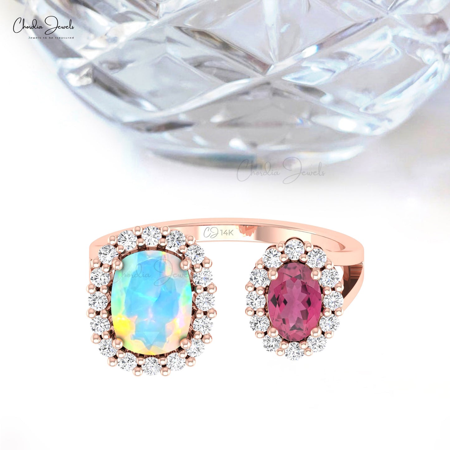 Natural Pink Tourmaline & Opal Gemstone Halo Ring 14k Solid Gold Diamond Accented Open Shank Ring