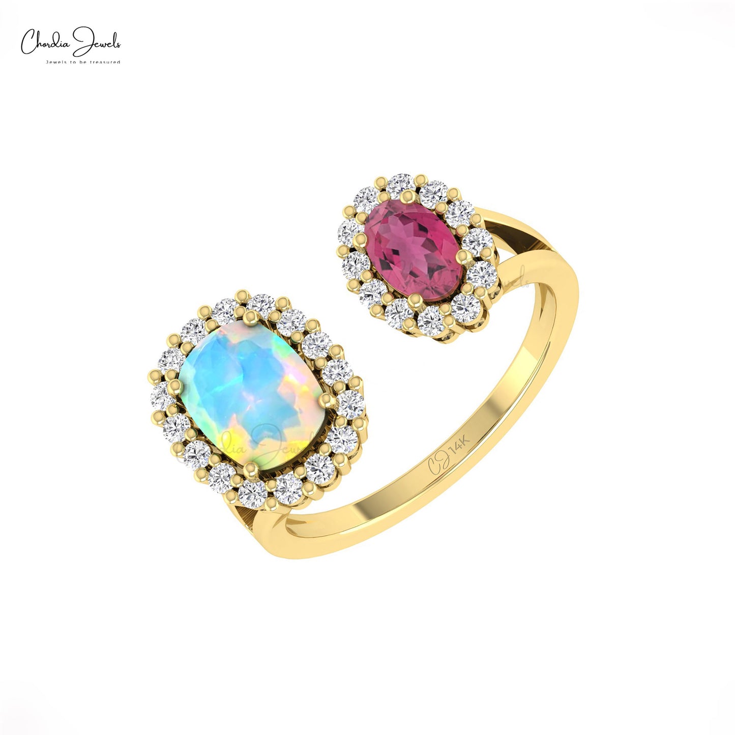 Natural Pink Tourmaline & Opal Gemstone Halo Ring 14k Solid Gold Diamond Accented Open Shank Ring