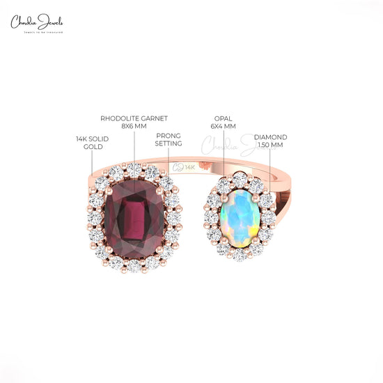 Double Halo Ring With Opal & Rhodolite Garnet Gemstone Solid 14k Gold Prong Set Diamond Ring For Gift