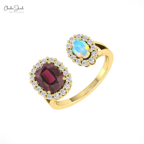 Double Halo Ring With Opal & Rhodolite Garnet Gemstone Solid 14k Gold Prong Set Diamond Ring For Gift