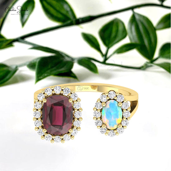 Double Halo Ring With Opal & Rhodolite Garnet Gemstone Solid 14k Gold Prong Set Diamond Ring For Gift