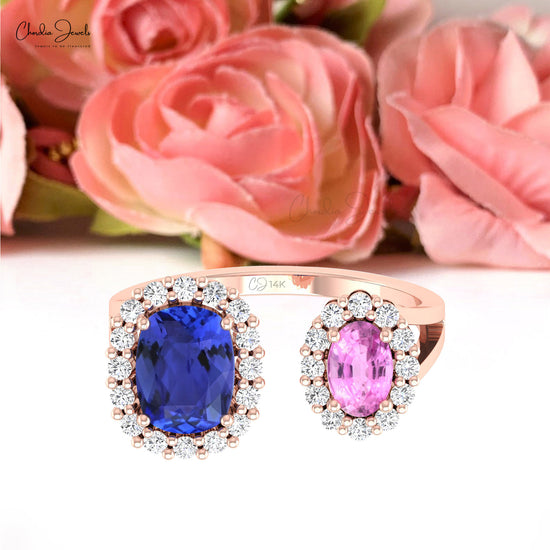 Two Stone Tanzanite & Pink Sapphire Ring With Diamond Accents In 14k Real Gold For Birthday Gift