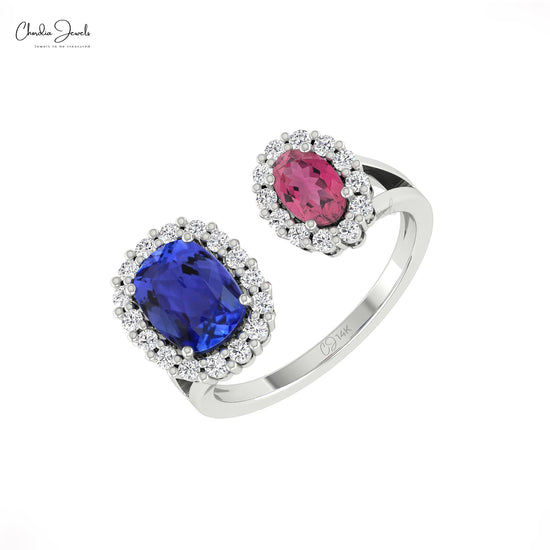 Prong Set Pink Tourmaline & Tanzanite Double Halo Ring Diamond Accents 14k Solid Gold Open Shank Ring