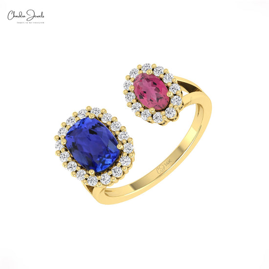 Prong Set Pink Tourmaline & Tanzanite Double Halo Ring Diamond Accents 14k Solid Gold Open Shank Ring