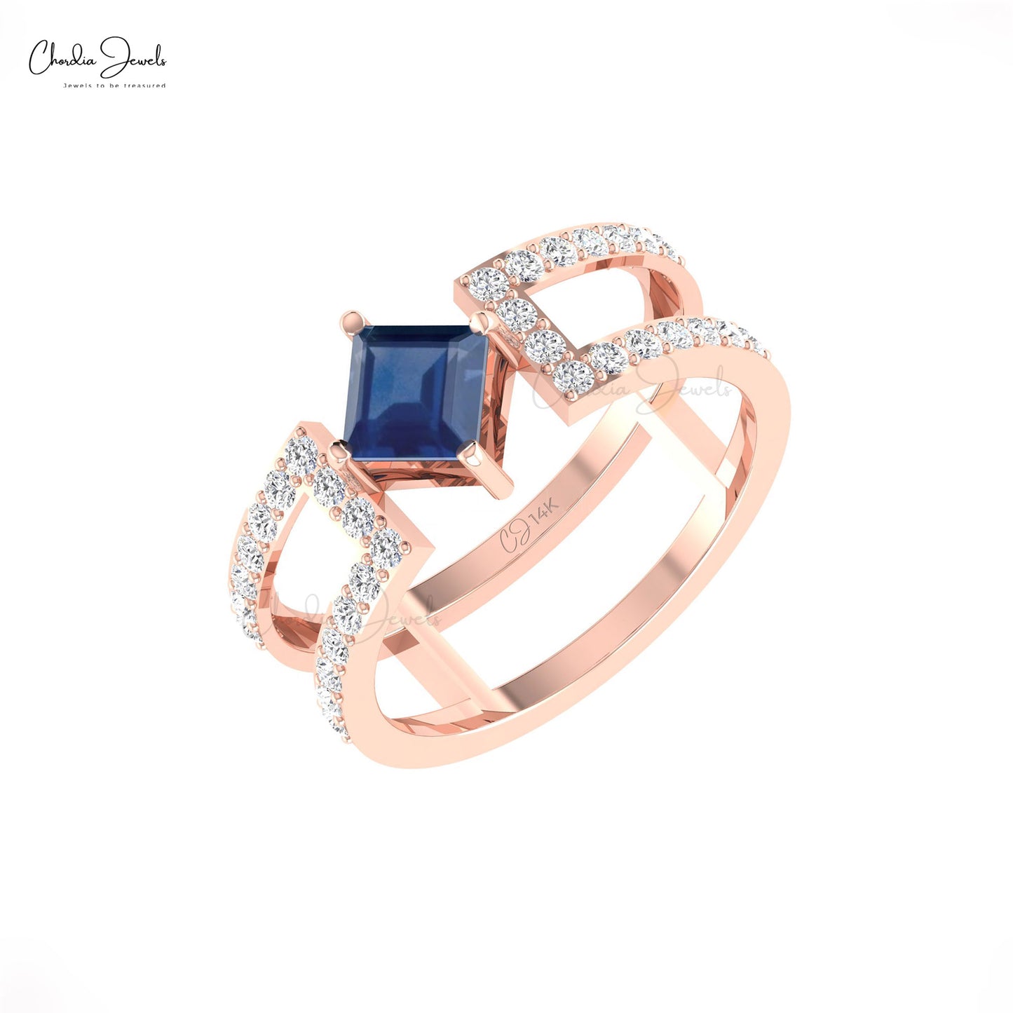 Solid 14k Gold Parallel Split Shank Band With 5mm Blue Sapphire Diamond Wedding Ring