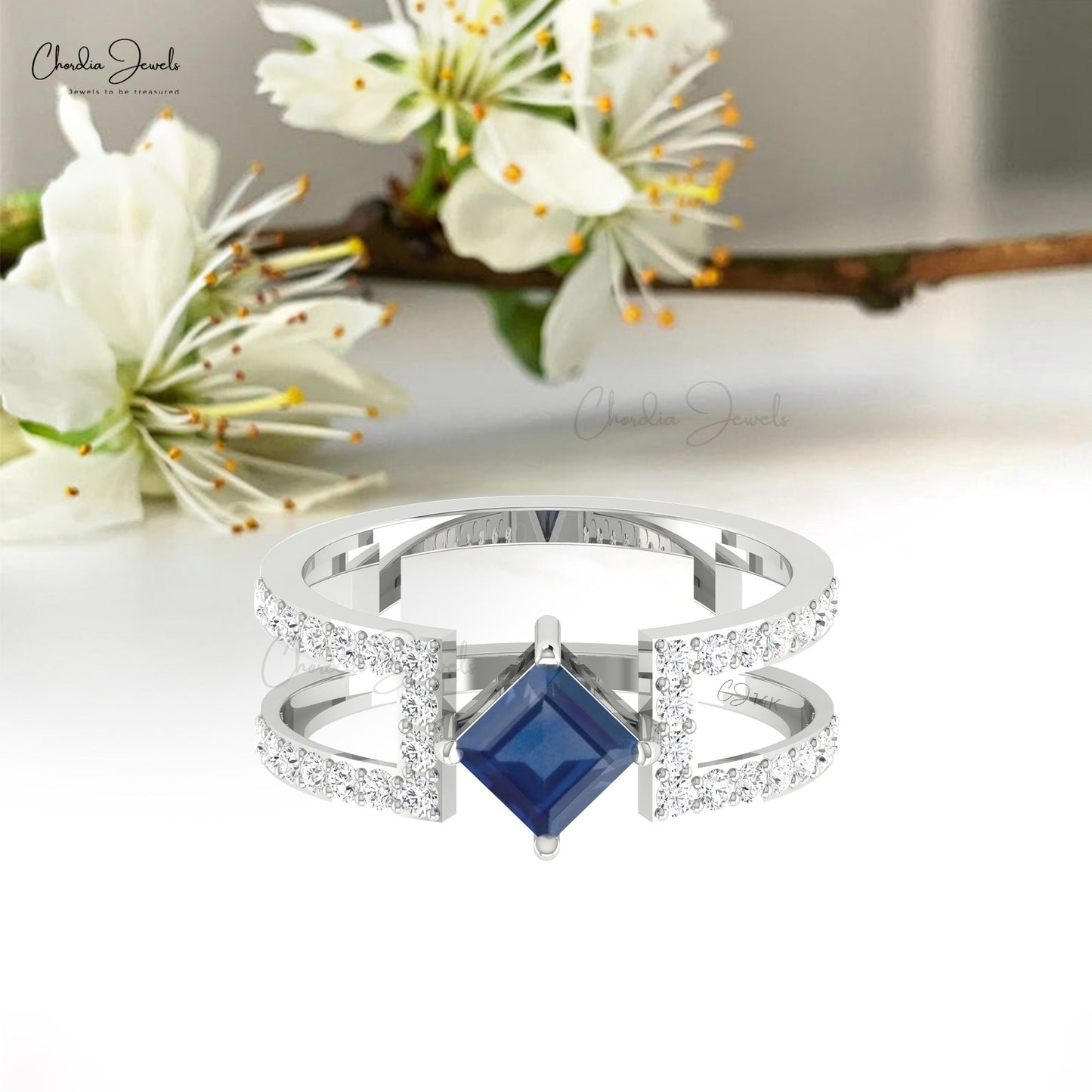 Solid 14k Gold Parallel Split Shank Band With 5mm Blue Sapphire Diamond Wedding Ring