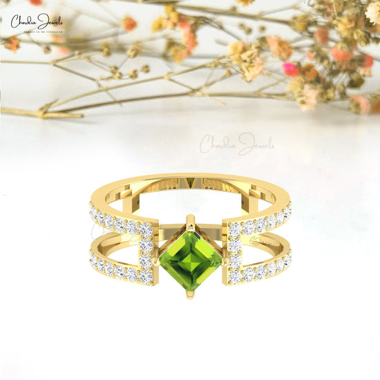Pure 14k Gold Dual Band With 0.6 Ct Green Peridot And G-H Diamond Split Shank Bridal Ring