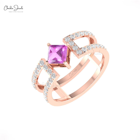 Parallel Split Shank Ring In 14k Solid Gold Genuine Pink Sapphire & Diamond Unique Ring