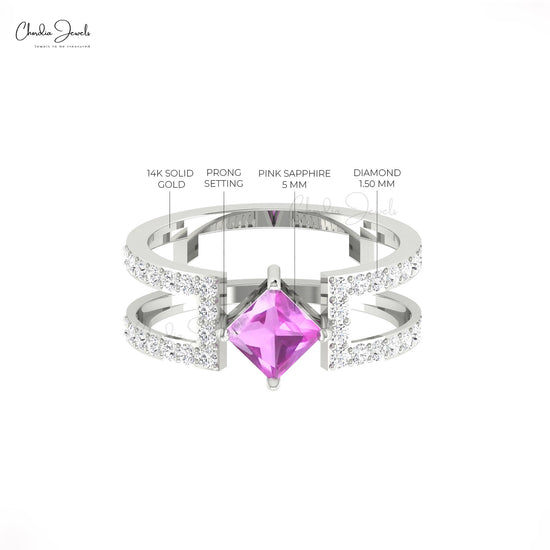 Parallel Split Shank Ring In 14k Solid Gold Genuine Pink Sapphire & Diamond Unique Ring