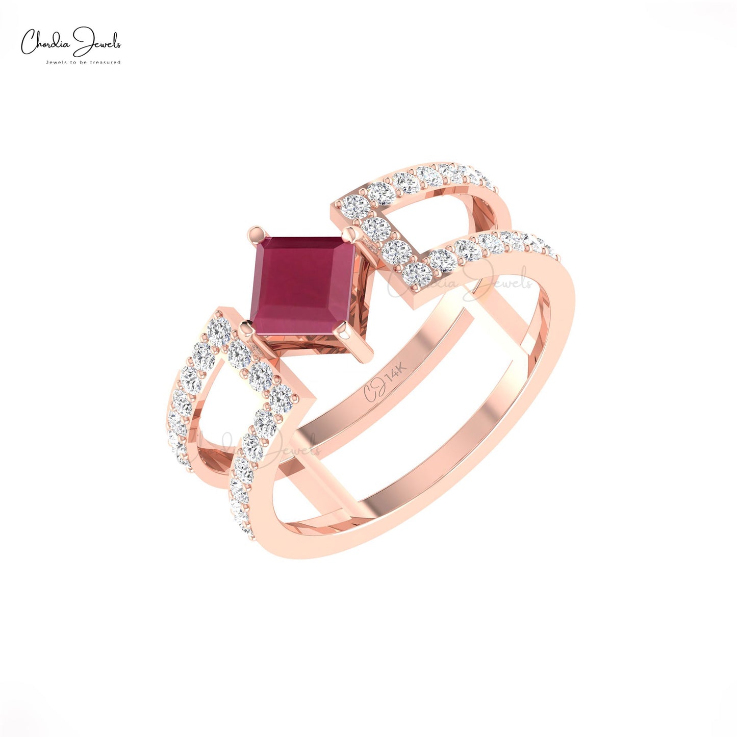 Prong Set 0.85ct Ruby Parallel Split Shank Ring Diamond Studded 14k Solid Gold Promise Ring