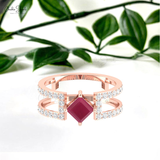 Prong Set 0.85ct Ruby Parallel Split Shank Ring Diamond Studded 14k Solid Gold Promise Ring